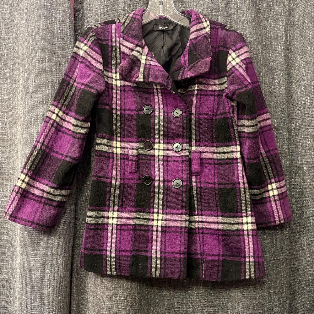 Purple Black Plaid Double Breasted Pea Coat‎ Jacket Wool Blend (Girls Medium)